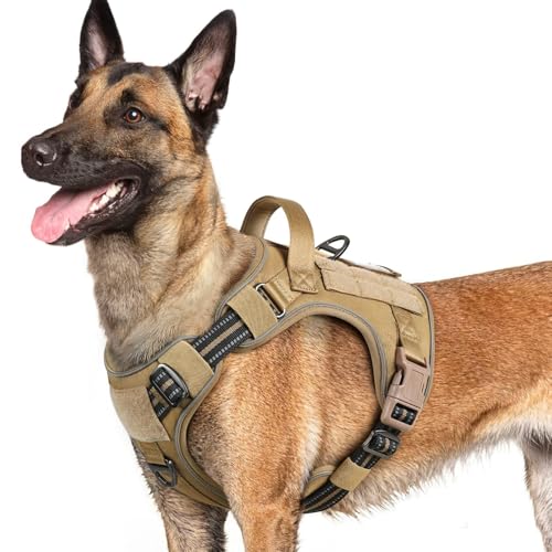 rabbitgoo Dog Harness for Large Dogs No Pull, Tactical Service Pet Vest with Molle and Control Handle, Adjustable and Reflective Military Harness for Easy Walking and Training, Brown, L