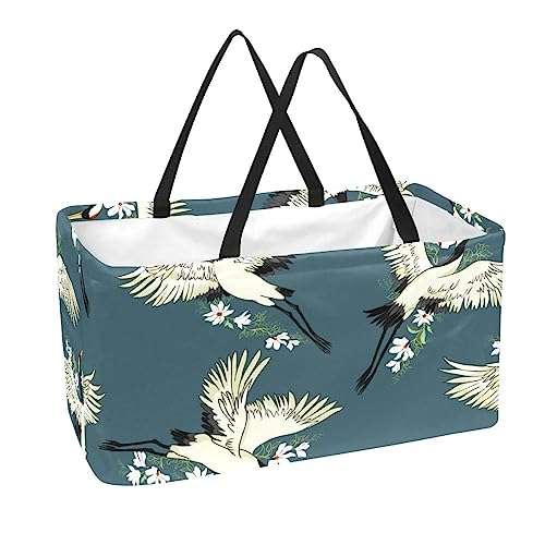 Bolsas de comestibles reutilizables, cesta de almacenamiento, patrón de grúa de flores, bolsas plegables con asa larga