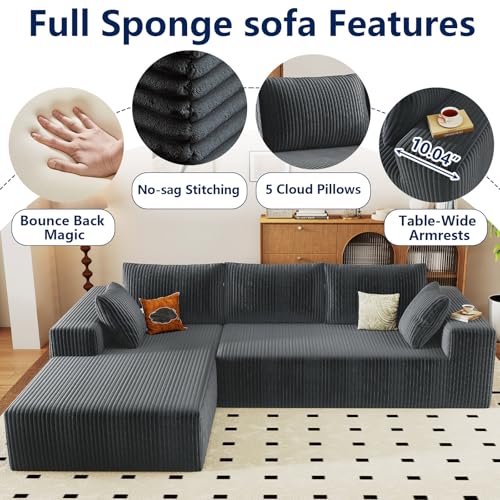 Image of 96 inch Modular Sectional Sofa, Modern Corduroy Cloud Couch with Deep Seat, Boneless Couch Upholstered 3-Seater L-Shaped Sofa for Living Room, No Assembly Required (Dark Grey, Left-Facing Chaise)