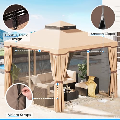 SUNCROWN 10 x 10 FT Outdoor Gazebo for Patio Iron Frame Garden Permanent Gazebo with Vented Soft Canopy and Mosquito Netting, Khaki