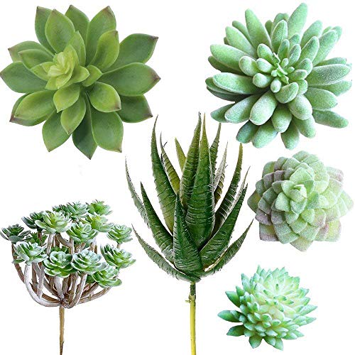 Supla Pack of 6 Assorted Artificial Echeveria Succulent Picks Textured Faux Succulent Pick Agave Cactus in Different Green for Fake Succulent Bouquet Floral Arrangement
