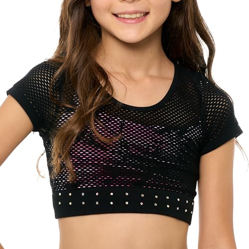 Image of Malibu Sugar Girls Mesh Crop Top Sparkling Rhinestone Dance Outfits for Girls - Short Sleeve Breathable Activewear Ages 7-14