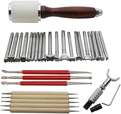 20pcs Leather Carving Leather Stamping Working Saddle Making Tools Set - DIY Hammer Swivel Knife Leather Craft Modelling Pen & Dual Tipped Leather Craft Tool Modeling Point Pen