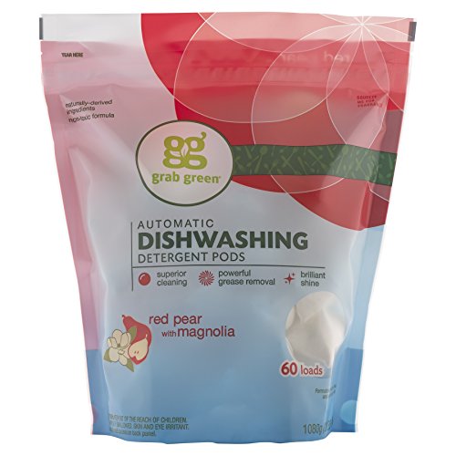 Grab Green Automatic Dishwashing Detergent Pods, 60 Count, Red Pear Magnolia Scent, Plant and Mineral Based, Superior Cleaning, Powerful Grease Removal, Brilliant Shine