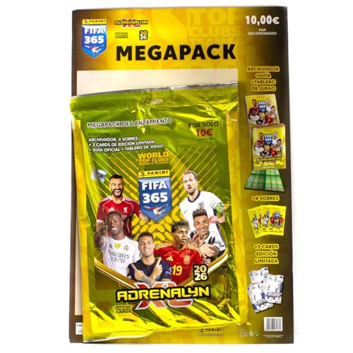 Panini Megapack de Lanzamiento ADRENALYN XL 2026 FIFA 365, Incluye Archivador, 4 Sobres (3 Cards de Edición Limitada), Guía Oficial, Tablero de Juego, Colección Oficial de Cromos, Cartas Colecciona