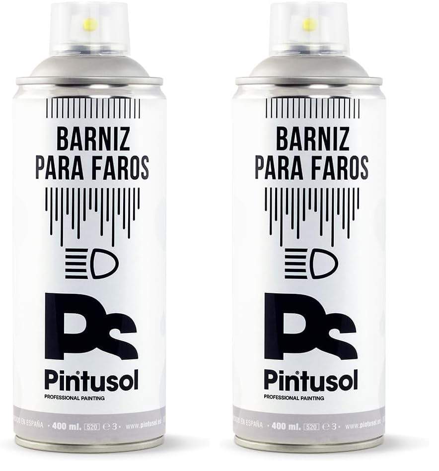 PINTUSOL Barniz Faros Coche Acrílico Brillo Transparente en Spray, Lijar Faros Previamente, Protección Restauración Duradera, Visibilidad Acabado Brillante, Barniz Profesional Especial Espray 400ml