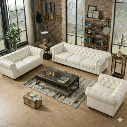 Image of Classic Leatherette Chester Sofa Set Button Tufted, Classic Style Sofa Set 3-Person Sofa for Living Room, Office, and Hallway Colour (Off-White Leatherette, 3+2+1=6 Seater Sofa)