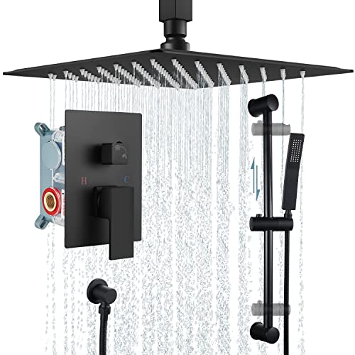 Aolemi 12 Inch Matte Black Ceiling Mount Shower System Rain Shower Head With Slide Bar Handheld Spray Luxury High Pressure Shower Combo Set Rough-In Valve And Shower Trim Included Bathroom #TOP17