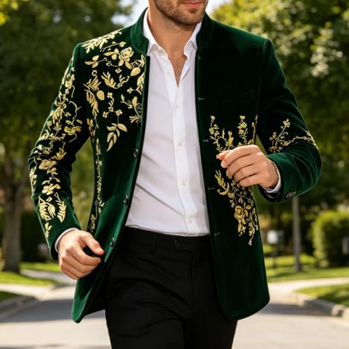 DAMANGUAN Men's Black Velvet Blazer with Gold Floral Embroidery, Slim Fit Suit Jacket for Wedding, Party, Banquet, Prom (US, Alpha, 3X-Large, Regular, Regular, Greenish Yellow) - image 4