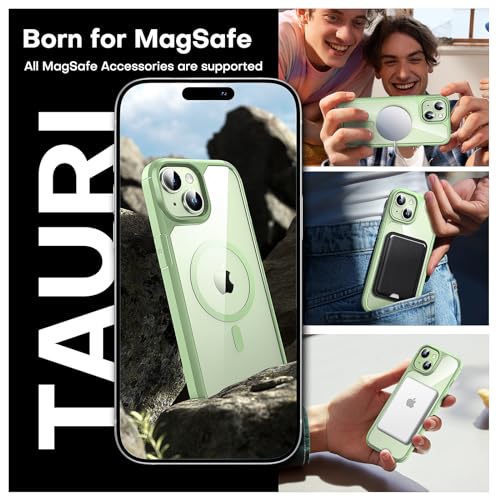 Image of TAURI for iPhone 15 Case, Compatible with MagSafe [Anti-Yellowing] with Screen Protectors, Military-Grade Protection, Shockproof Slim Magnetic Phone Case for iPhone 15 6.1 inch, Green | with Screen Protector, Not-Yellowing Military-Grade Protection, Shockproof Slim Magnetic Case for iPhone 15