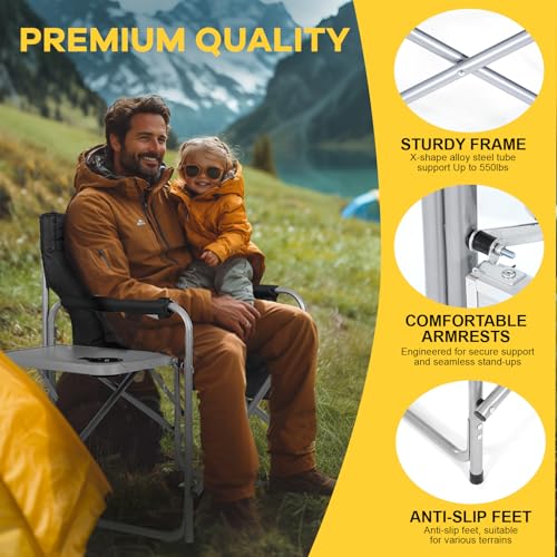 NAIZEA Heated Director Chair-Heated Camping Chair for Adult, Oversized Outdoor Chairs with Side Table Pockets, Makeup Folding Chairs Supports 550lbs(Power Bank Not Included)