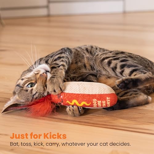 Image of Catstages Hotdog Kicker Toy with Catnip and Dental Mesh, Hot Dog Shape, Plush and Feather Cat Toy for Kicking, Tossing, and Teeth Cleaning, Brown