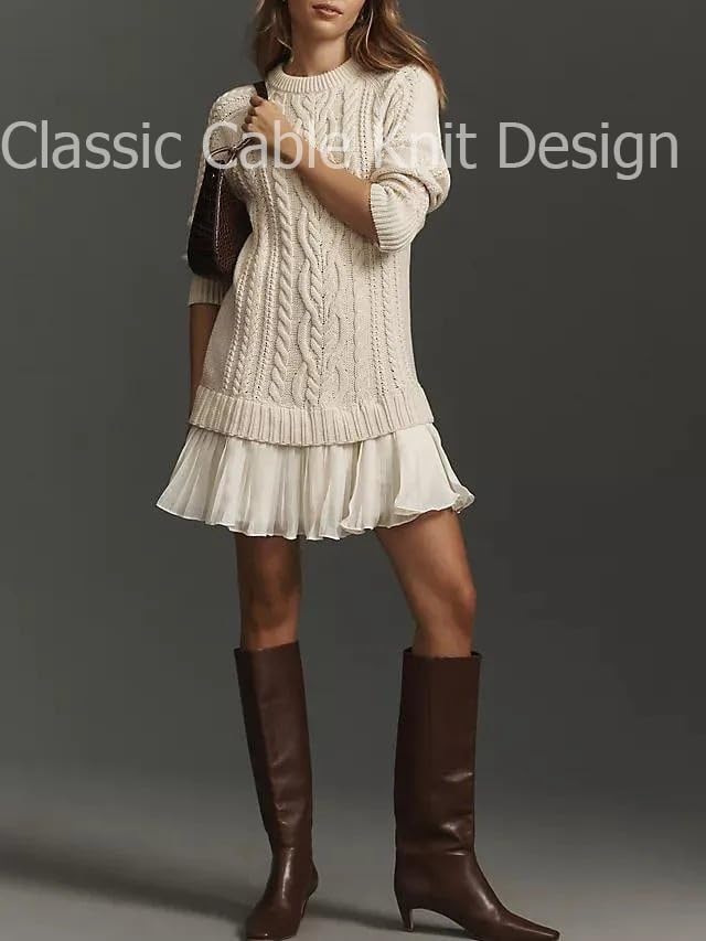 Women Crewneck Cable Knit Sweater Mini Dress, Fall Pleated Long Sleeve Cableknit Skirt Cableknit Sweater Dress2