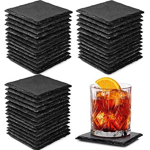 Aukful 40 PCS Slate Coasters Bulk 4 Inch Square Black Slate Stone Coaster Handmade Drink Bar Slate Coasters Anti-Scratch Bottom,Suitable for Office Coffee Table Kitchen Home Engrave Decoration