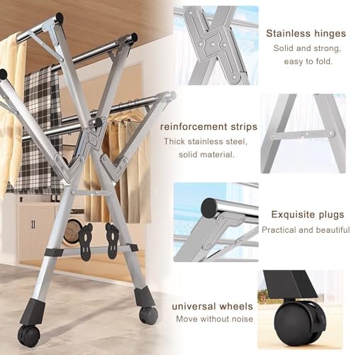 Foldable Clothes Drying Rack, Stainless Steel Standing Garment Rack, Portable for Sheets, Clothes, Socks, Shoes（with Wheels,2M/6.56FT）