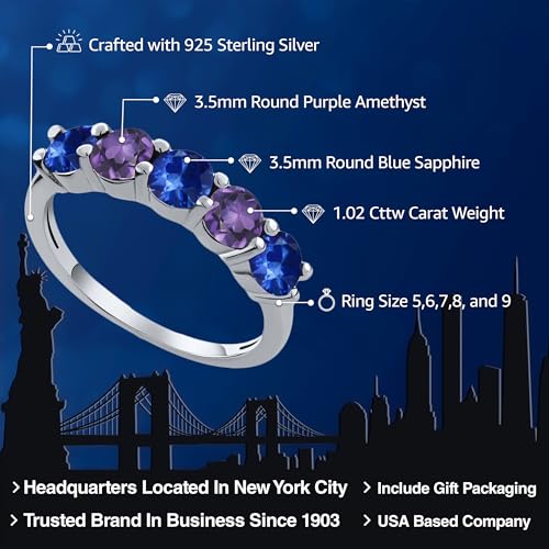 Gem Stone King 925 Sterling Silver Blue Sapphire and Purple Amethyst Wedding Band Ring For Women (1.02 Cttw, Round 3.5MM, Gemstone September Birthstone, Available In Size 5, 6, 7, 8, 9)2
