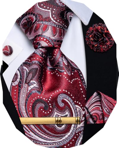 Image of YourTies Silk Paisley Floral Tie and Pocket Square Cufflinks with Lapel Pin Sets for Men 5PC Wedding Party