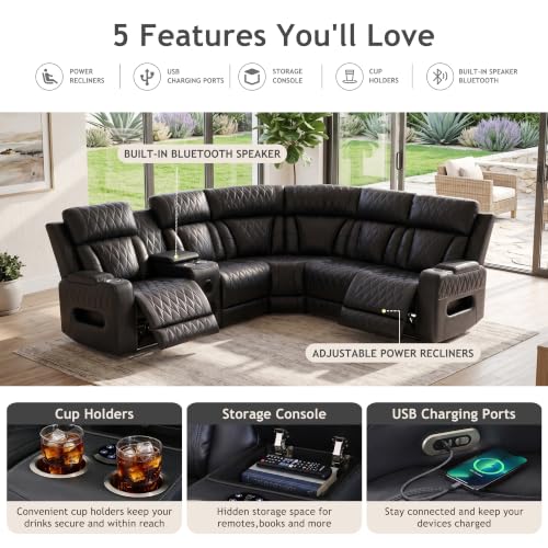 Image of Power Reclining Sectional Sofa with Cup Holders /Storage for Living Room | 5 Seat L-Shaped Recliner Couch with USB Charging / Home Theater Seating / Dark Grey Leather Furniture for House, Apartment