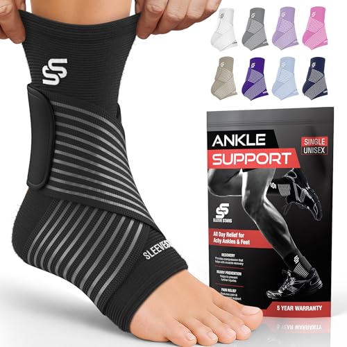 Sleeve Stars Ankle Brace for Women & Men, Ankle Wrap for Sprained Ankle, Compression Sleeve for Plantar Fasciitis Relief, Easy Customizable Support: w/Removable Strap (Single/L:12