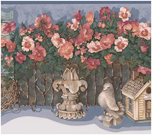 Red Flowers Garden Fence Shed Tools Farmhouse Wallpaper Border Retro Design, Roll 15' x 7.5''