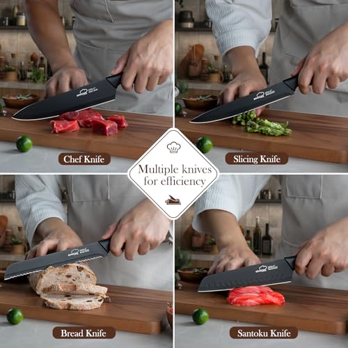 Knife Set, 15 Pieces Kitchen Knife Set with Block Built in Sharpener, Dishwasher Safe, German Stainless Steel Knife Block Set, Elegant Black - image 6