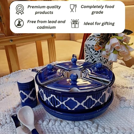 Image of Niyara Multipurpose Storage Ceramic Pickle set Jars & with Lid & tray & spoon & Salt Dispenser (Set of 5, 300 ML) (Blue)