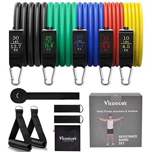 Viedouce weerstandsbanden set, 2021 Oefenbanden elastische fitnessbanden met elastische banden Bodybuilding, handgrepen, deuranker, enkelbanden en draagtas voor training 5 Resistance bands 100 lbs