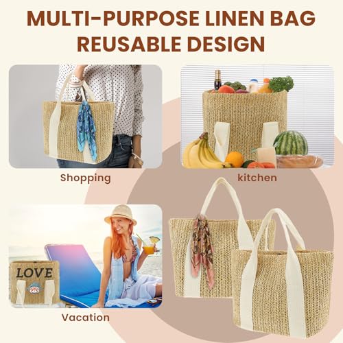 3 piezas de bolsas de playa tejidas a mano para mujer, 9,8 x 5,5 x 8,7 pulgadas, bolsa tote tejida de yute y malla hueca, con asa y correa para hombro, ideal para vacaciones, compras y viajes miniatura 4