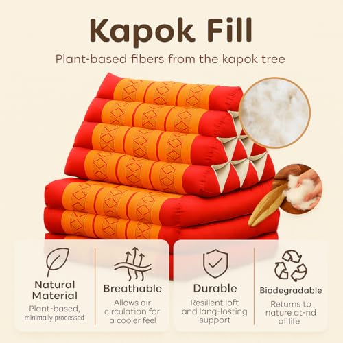 Image of Leewadee 3-Fold Mat with Triangle Cushion - Comfortable TV Pillow, Foldable Mattress with Cushion Made of Eco-Friendly Kapok, 67 x 21 inches, Orange red
