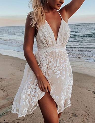 Image of Women's V-Neck Spaghetti Strap Floral Backless Sleeveless Lace Mini Flowy Swing Skater Dress