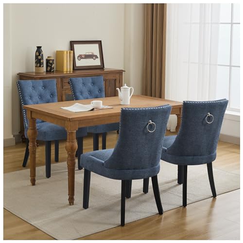 UDAX Upholstered Tufted Dining Chairs Set of 4, Fabric Side Dining Room Chairs with Nailhead Back Ring Pull Trim Solid Wood Legs, Dark Blue