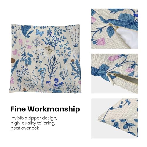 Image of AEIOAE Summer Pillow Covers 16x16 Inch Set of 2,Blue Wild Flower Plant Throw Pillows Case,Seasonal Floral Outdoor Decorative Square Linen Farmhouse Decor Cushion Covers for Home Sofa Bed Couch