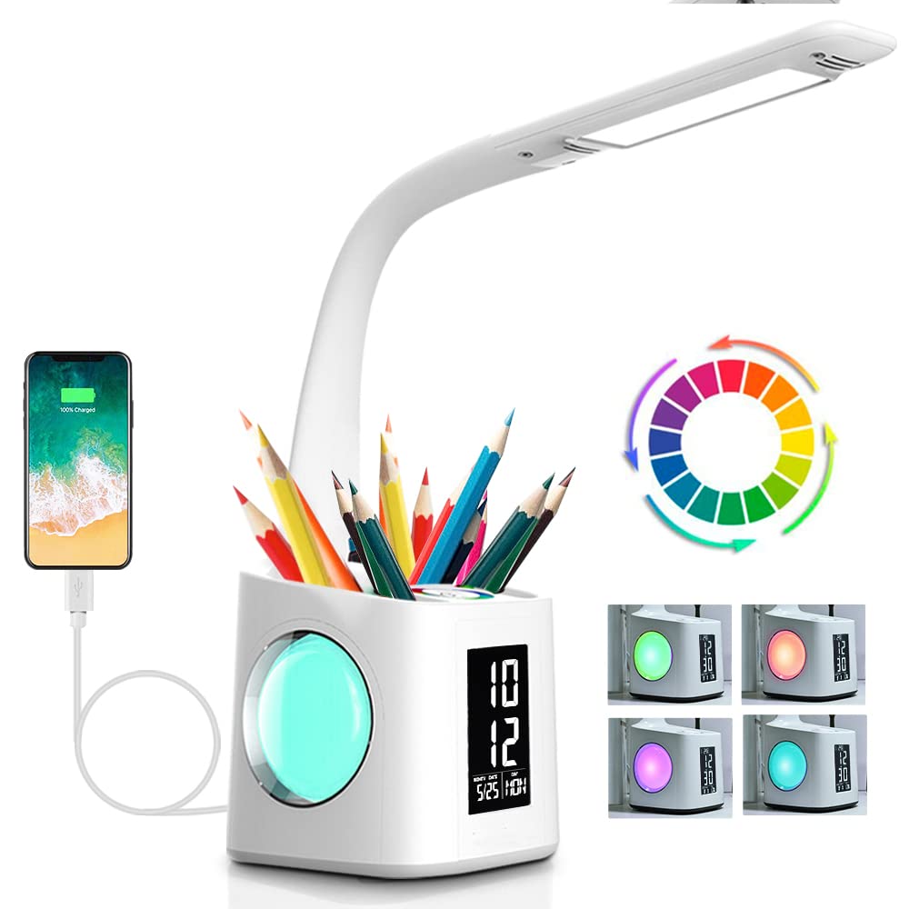 Lampada da tavolo LED per eyeliner, lampada da tavolo da studio, porta di ricarica USB, luce d'atmosfera notturna, con porta penna/display ora/calendario, lampada da lettura per bambini, 10 W