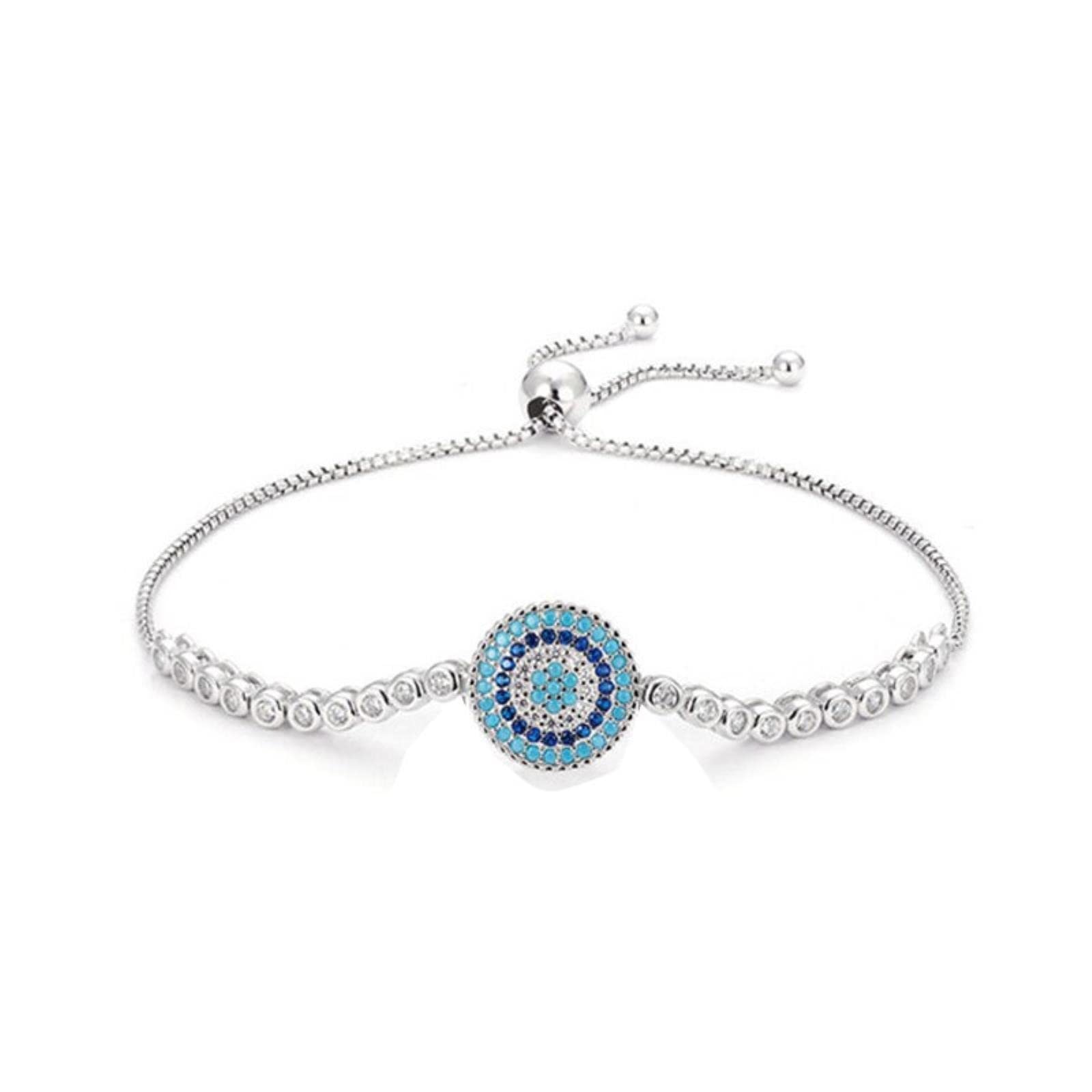 Plata De Ley 925 Lucky Round Blue Evil Eyes Power Tennis Bracelet Pave Cz Cadena De Caja Ajustable Joyería Fina