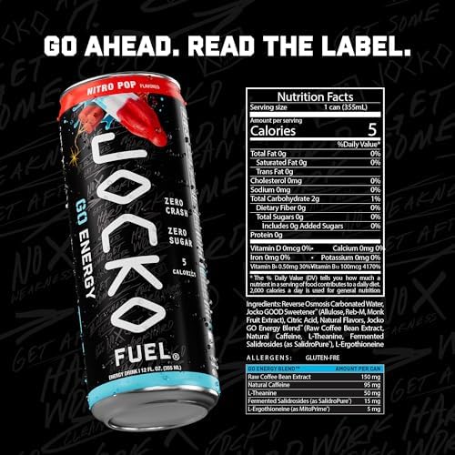 Image of Jocko Fuel GO Energy Drinks, Nitro Pop - 95mg Caffeine with Added Adaptogens, Vitamin B12 & B6, & L Theanine for Mood & Focus Support, No Sugar, 12 Pack - Packaging May Vary