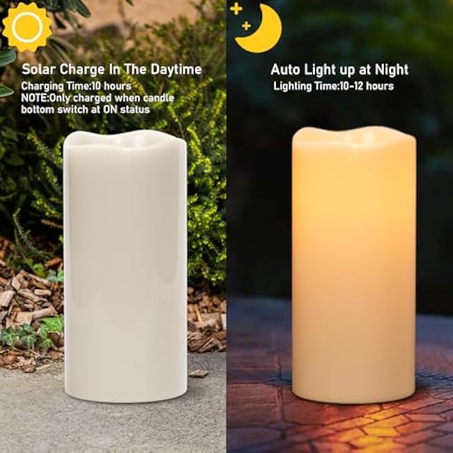 Eldnacele Solar Flameless Flickering Candles Outdoor Waterproof, Solar Powered Dusk to Dawn Plastic LED Pillar Candles Garden Camping Lanterns Wedding Holiday Decor (2Pcs,4 D¡Á8 H)