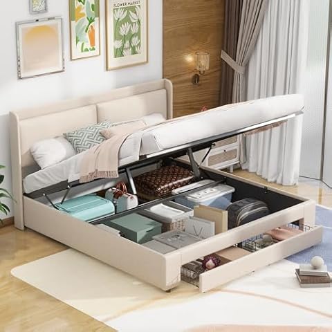 RITSU Queen Size Storage Upholstered Hydraulic Platform Bed with Large Underneath Storage and 2 Drawers,Linen Morden Metal Bedframe,for Kids Teens Adults Bedroom,No Box Spring Needed, Beige Cover