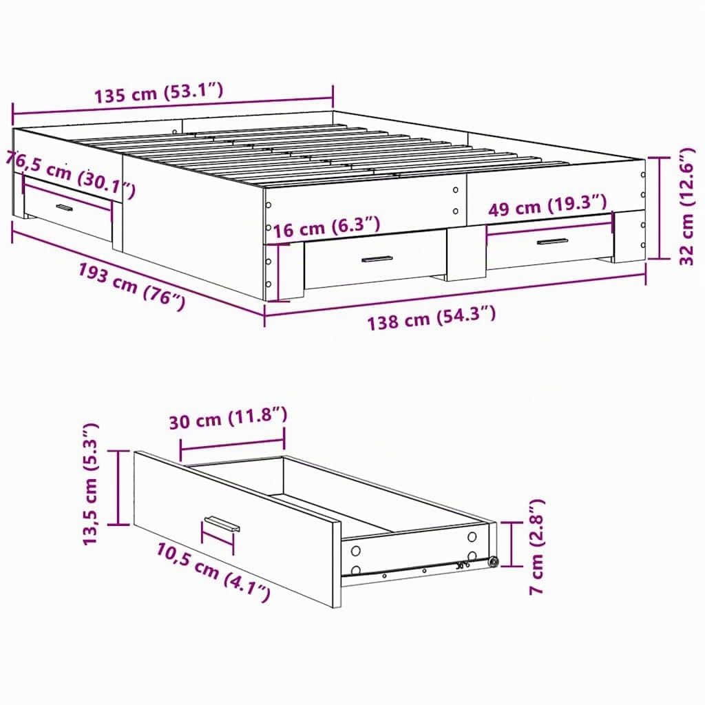 vidaXL Cama con Cajones, Somier Doble de Invitados, Estructura de Cama, Mueble para Dormitorio, Madera de Ingeniería Roble Sonoma 135x190 cm