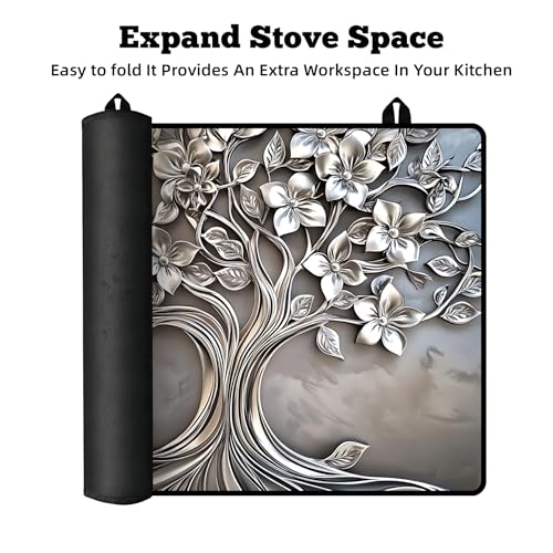 Image of Multi-Design Stove Top Cover for Glass /Electric Stoves - 3-in-1 Heat-Resistant Protector Mat, Non-Slip Drying Rack 28 inchx20 inch (Silver-Tree, 28 inch L x 20 inch W)