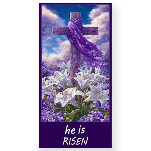 Image of Easter Door Cover He is Risen Cross Purple Lily Door Banner Scripture Easter Door Covers for Front Door Religious Easter Door Decorations 35x71 Inch
