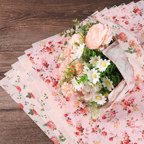 30 Blatt Blumen Seidenpapier, 50x35cm Seidenpapier Verpackungsmaterial 3 Stile Dekoratives Seidenpapier für Weihnachten Hochzeit Geburtstag Party Basteln Verpacken (Rosa)