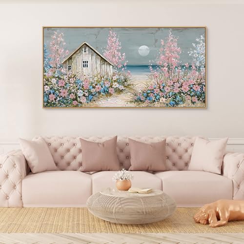 yiijeah Beach Wall Art Large Landscape Canvas Coastal Pink Picture Horizontal Artwork for Walls Ocean Prints Big Paintings Living Room Bedroom Office Home Decor 58x29 Inches
