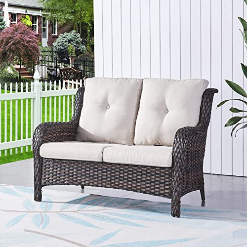 Rilyson Outdoor Loveseat Wicker Patio Sofa - 2-Seat Rattan Outdoor Couch Patio Furniture With Deep Seating And Cushions For Porch Deck Balcony(Brown/Beige) #TOP5