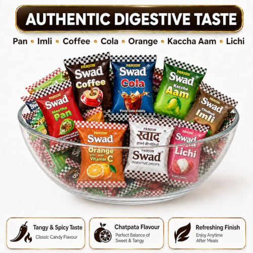 Image of Swad Mixed Assorted Candy Jar (Kaccha Mango, Imli, Coffee, Cola, Pan, Orange) Digestive & Tasty Masala Toffee | Indian Sweets, 200 Candies Jar