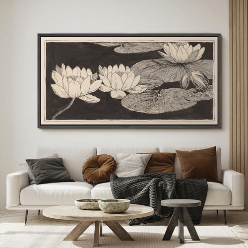 Image of MUDECOR Extra Large Framed Canvas Print Wall Art Vintage Lotus Flower Line Art Botanical Black and Beige Antique Retro Ready to Hang Painting for Living Room Bedroom Multi-Sizes - 60 inchx30 inch