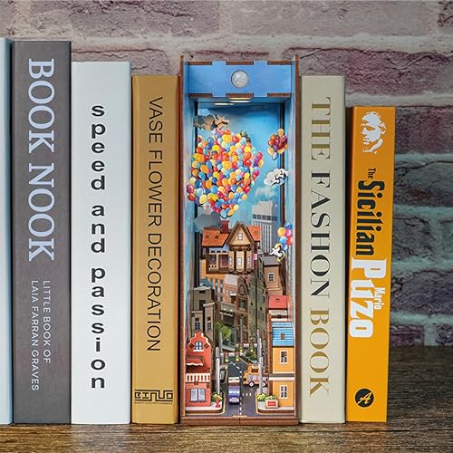 Image of Tonecheer DIY Book Nook Kit for Adults,3D Wooden Puzzle Bookend Bookshelf Insert Library Decor, Booknook Miniature House Kit with Body Motion Sensor LED Light (Travel with The Wind)