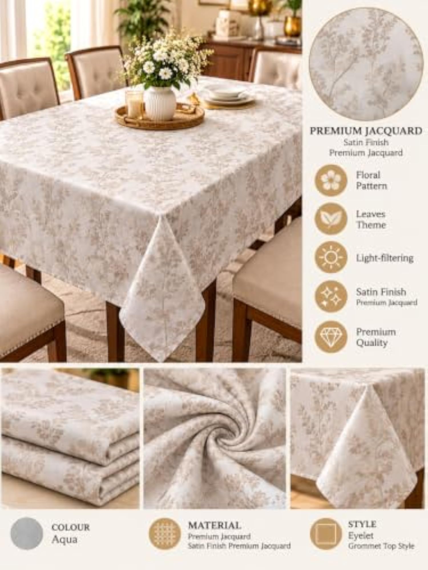 Premium Jacquard Self Leaf Design Beige Color Table Cover