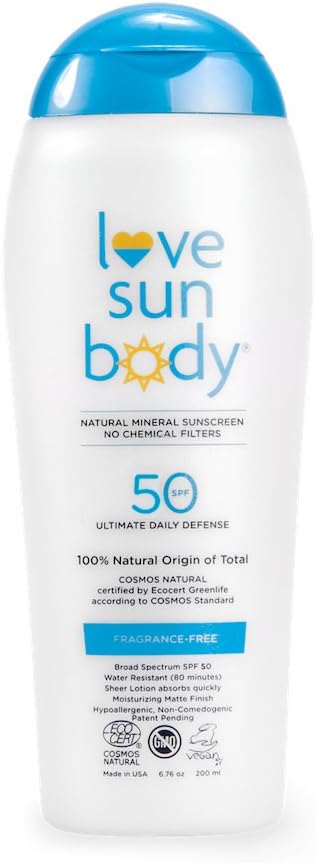 Love Sun Body 100% Natural Mineral Sunscreen SPF 50 Fragrance-Free 200 ml Reef-Safe with non-nano Zinc Oxide and Titanium Dioxide for Face and Body, Chemical-free, Moisturizing, Water-resistant