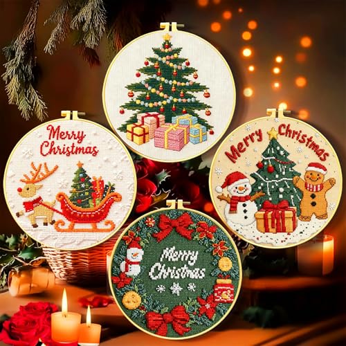 Image of Zhenqing 4 Pack Christmas Stamped Cross Stitch Kit, 11CT Printed Santa Reindeer Snowman Gingerbread Tree Wreath Patterns with Hoop and Tools, DIY Holiday Embroidery Set for Beginners