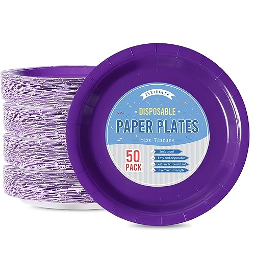 Image of Purple Disposable Paper Plates, 7 Inch Dessert Cake Plates, 50 Count Bulk